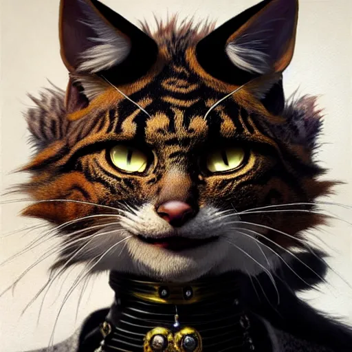 Image similar to portrait painting of a punk tabaxi bard with tuxedo fur, ultra realistic, concept art, intricate details, eerie, highly detailed, photorealistic, octane render, 8 k, unreal engine. art by artgerm and greg rutkowski and charlie bowater and magali villeneuve and alphonse mucha