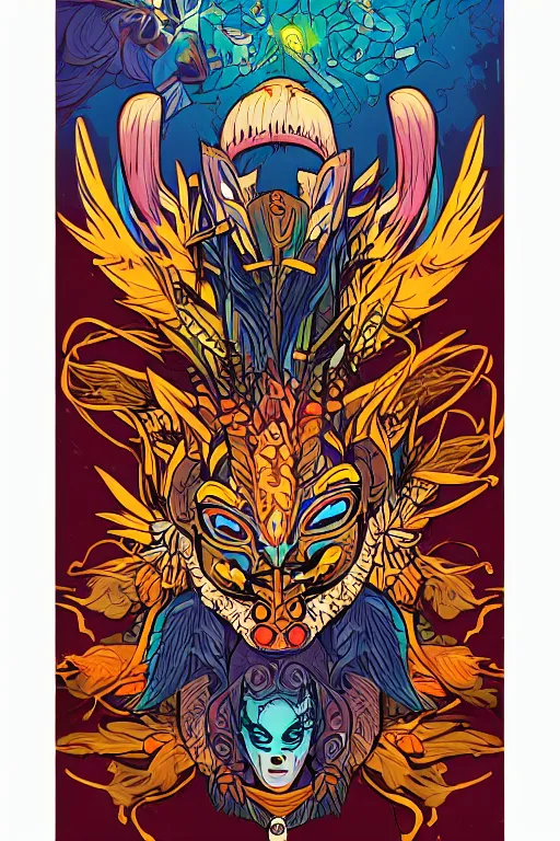 Image similar to animal mask totem roots flower tribal feather gemstone plant wood rock shaman vodoo video game vector cutout illustration vivid multicolor borderlands comics by josan gonzales and dan mumford radiating a glowing aura