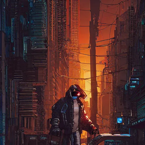 Image similar to cyberpunk mercenary walking the city streets, Industrial Scifi, detailed illustration, Chiaroscuro, concept art, by Martin Grip and Moebius