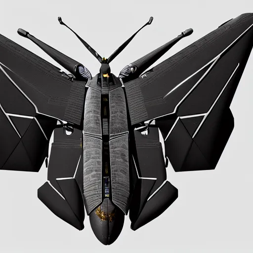 Image similar to a mechanized atlas moth, gunmetal grey, very symmetrical, orthographic view, top down view, bottom view, side view, blueprints, mecha, lockheed martin f - 3 5 lightning ii, fighter jet, cybernetic, robotic, highly detailed, artstation, autodesk maya, super realistic, unreal engine