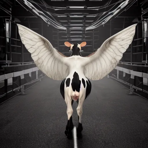 Prompt: Cow with mechanical wings, full-body portrait, 4k, 8k