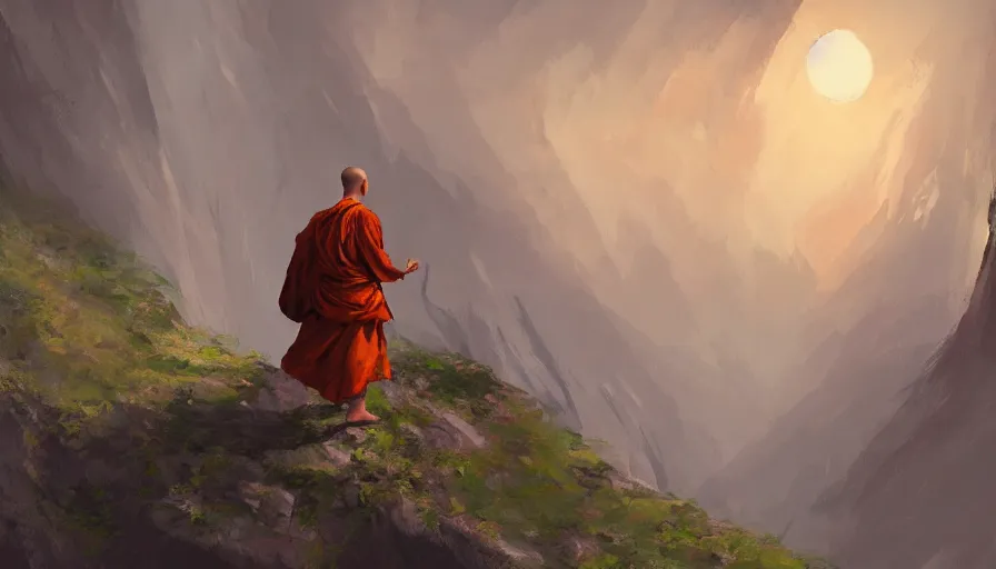 Prompt: concept art of a monk in a mountain by jama jurabaev, trending on artstation, high quality, brush stroke, for aaa game