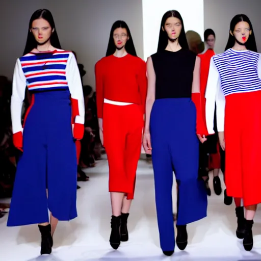 Image similar to fashion by Hugo Boss incorporating red white and blue, brutalist fashion show, studio lighting