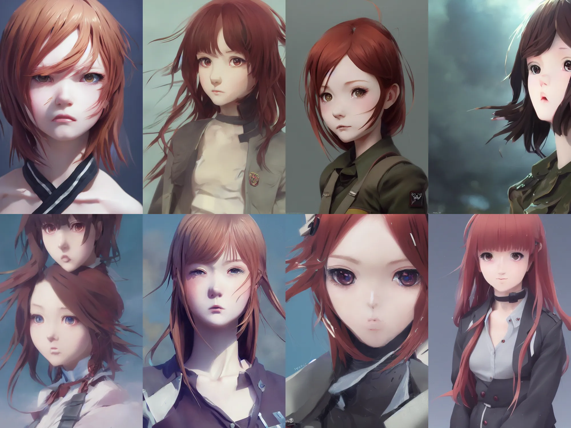 Image similar to Very complicated dynamic composition, realistic anime style at Pixiv CGSociety by WLOP, ilya kuvshinov, krenz cushart, Greg Rutkowski, trending on artstation. Zbrush sculpt colored, Octane render in Maya and Houdini VFX, close-up portrait of young redhead girl in motion, she is frightened, wearing military uniform, silky hair, stunning deep eyes. Very expressive and inspirational. Amazing textured brush strokes. Cinematic dramatic soft volumetric studio lighting