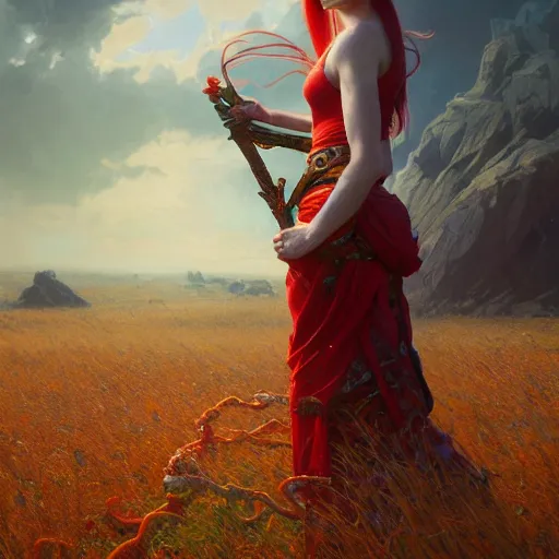 Prompt: highly detailed painting of a red-haired young woman wearing a blue tunic, in a field of golden tentacles, octane render, trending on artstation, by Artgerm,Greg Rutkowski,Alphonse Mucha, 4k resolution