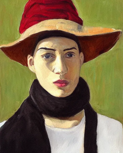 Image similar to a painting of a person wearing a hat and scarf, an oil on canvas painting by Luc Tuymans, featured on reddit, synthetism, oil on canvas, academic art, art on instagram