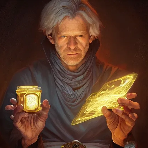 Image similar to man holding he's soul in a jar portrait, backlight, rim lighting, deep focus, d & d, fantasy, intricate, elegant, highly detailed, digital painting, artstation, concept art, matte, centered, sharp focus, illustration, hearthstone, art by artgerm, greg rutkowski and alphonse mucha