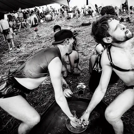 Image similar to scandy and arender, cooking it up, hot hot hot, splash, ahhhhhhh, roomies, bohemian digitals, playing a live gig at ozora festival, over the shoulder photograph, huge crowd, ecstatic, photography