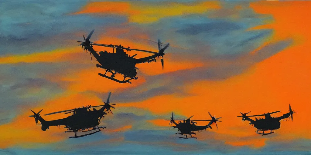 Image similar to Painting of vietnam American helicopters, above a forest, orange sun set, abstract, realism, 8k, detailed, glow