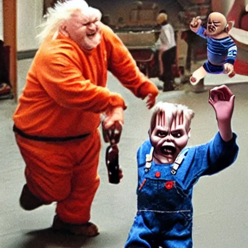 Image similar to screaming chucky doll chasing george rr martin