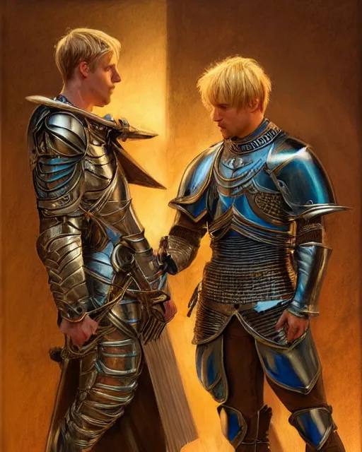 Image similar to attractive arthur pendragon confesses his love for his attractive male knight, highly detailed, very intricate, cinematic lighting, by donato giancola and rossdraws and magali villenueve, featured on artstation