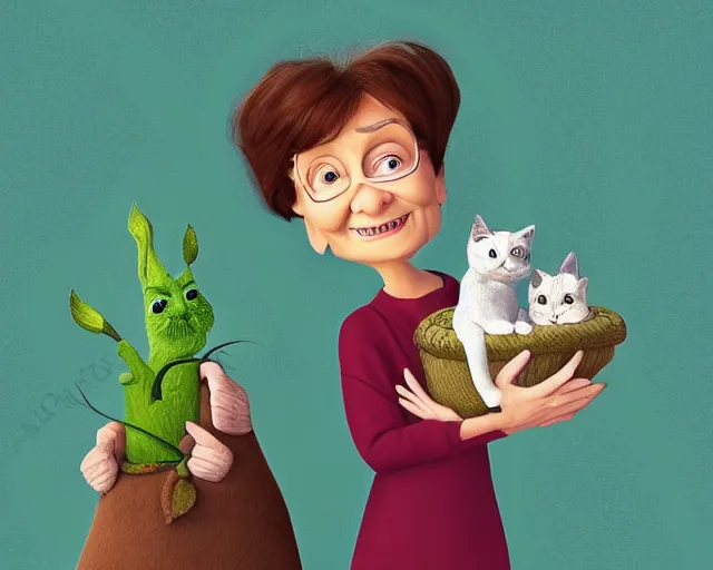 Prompt: detailed cartoon portrait of an old lady and her plant cat, pixar, sharp high quality