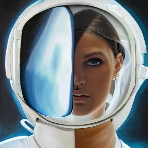 Prompt: fashion model in futuristic astronaut suit, portrait, hyperrealism oil painting