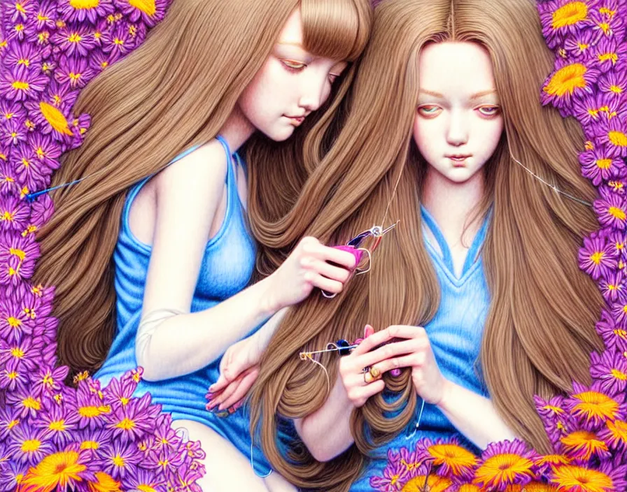 Prompt: richly detailed colored pencil 3D illustration of a beautiful English woman with long metallic hair wearing a hoodie and short shorts,she is sewing thread drawings of flowers into her own thighs. mirrored background with completely rendered reflections, art by Range Murata and Artgerm.