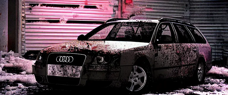 Image similar to Audi A4 B6 Avant (2002), a gritty neo-noir, dramatic lighting, cinematic, eerie person, death, homicide, homicide in the snow, viscera splattered, gunshots, bullet holes, establishing shot, extremely high detail, photorealistic, raging fire at a warehouse, arson, cinematic lighting, artstation, by simon stalenhag, Max Payne (PC) (2001) winter New York at night, In the style of Max Payne 1 graphic novel, flashing lights, Poets of the Fall - Late Goodbye