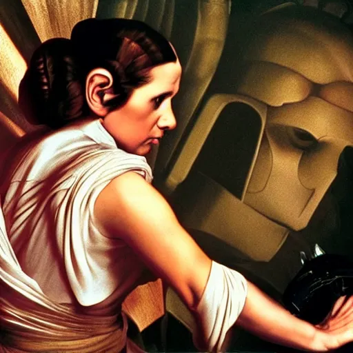 Prompt: a film still of princess leia scared, artwork by caravaggio