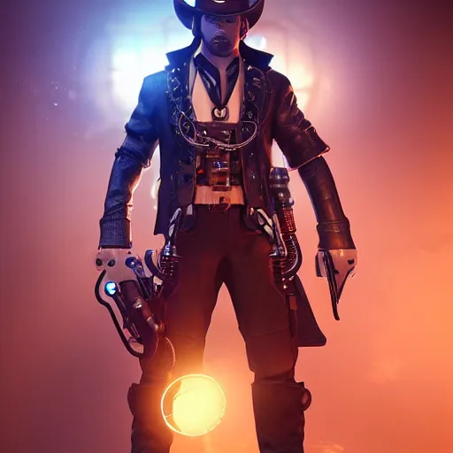 Image similar to a futuristic cowboy holding a glowing revolver in a steampunk themed bar, unreal engine fantasy art, trending on artstation, digital art, beautiful composition