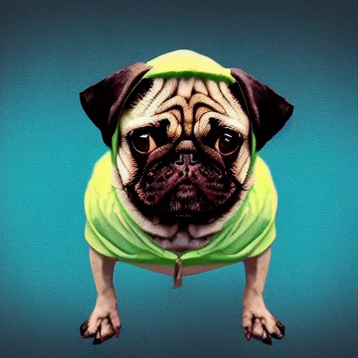 Image similar to a sad pug wearing a hoodie with the word'sad'typed on it in upper case letters, digital art, synthwave style, trending on artstation, matte painting