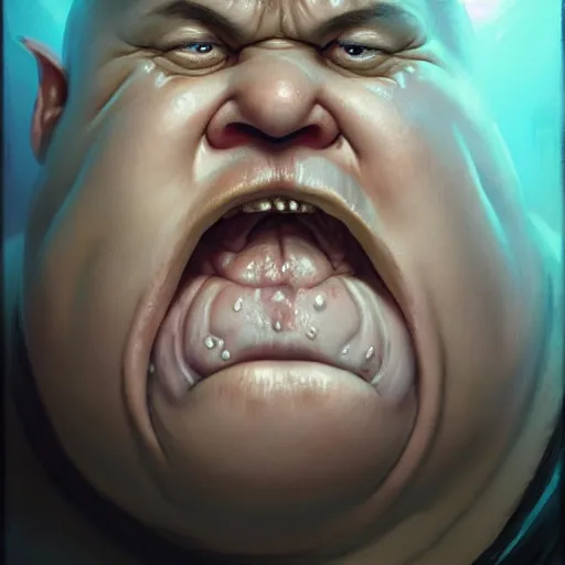 Image similar to hyper realistic, close up portrait of a mega derpy disgusting fat slob by greg rutkowski, scott m fischer, artgerm, loish, slight glow, atmospheric, anne stokes, alexandros pyromallis