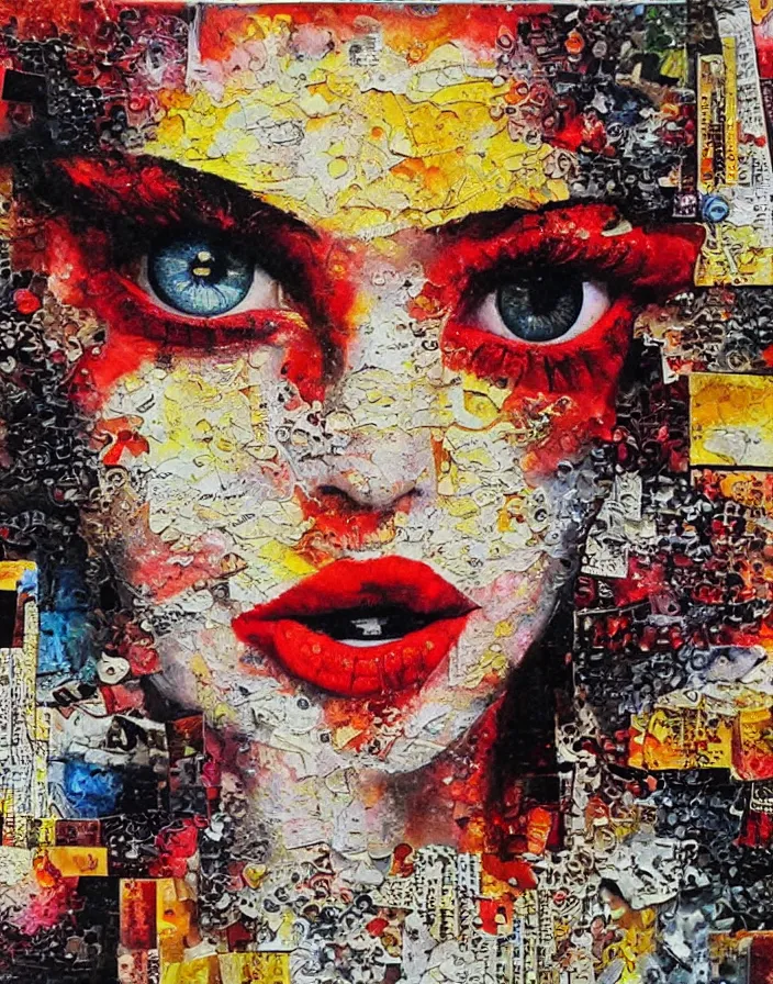 Prompt: passionate lips and burning eyes of our youth detailed and highly reliefed analogue collage with canvas texture in style of conteporary art, punk art, dadaism, photorealistic, expressionism, masterpiece, perfect composition, COLORFUL, spectacular quality, intricate oil details