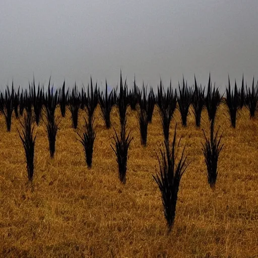 Prompt: field with large spikes, scary, eerie, uncanny, abnormal