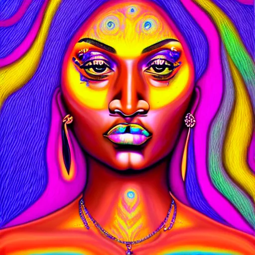 Image similar to an extremely psychedelic portrait of meg the stallion, surreal, lsd, face, detailed, intricate, elegant, lithe, highly detailed, digital painting, artstation, concept art, smooth, sharp focus, illustration