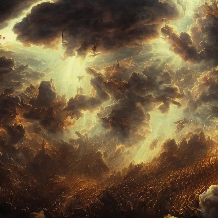 Image similar to hundreds of rebel angels falling from heaven as meterorites, epic lighting, disaster clouds, michael bay, john martin, apocalyptic