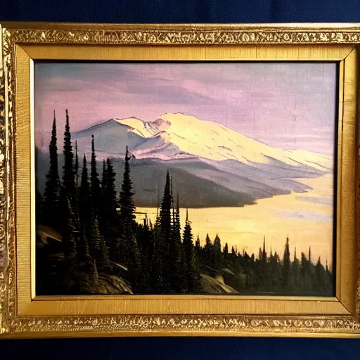 Prompt: beautiful vintage painting, whistler mountain sunset, boho, midcentury, modern, muted pastel colors, top lit, detailed, beautiful solid colors, edge to edge, full frame, intricate, elegant, highly detailed, smooth, sharp focus, high contrast, dramatic lighting, art by caravaggio