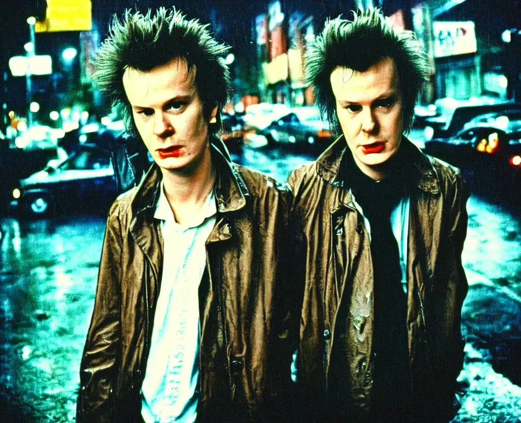 Prompt: closeup of young Garry Oldman as Sid Vicious on the lower east side by Alex Cox, Polaroid, raining!!!, nightime, colorful, 1970s, photorealistic, atmospheric,