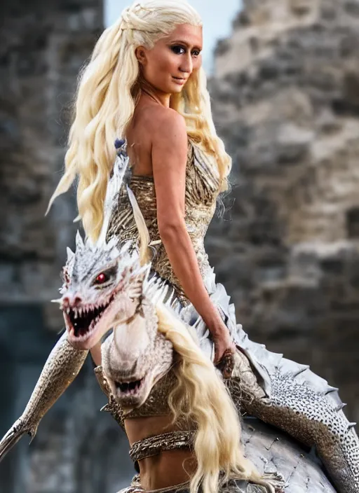 Prompt: full-body photograph of Paris Hilton as Daenerys Targaryen riding a dragon, majestic lighting, XF IQ4, 150MP, 50mm, F1.4, ISO 200, 1/160s, natural light