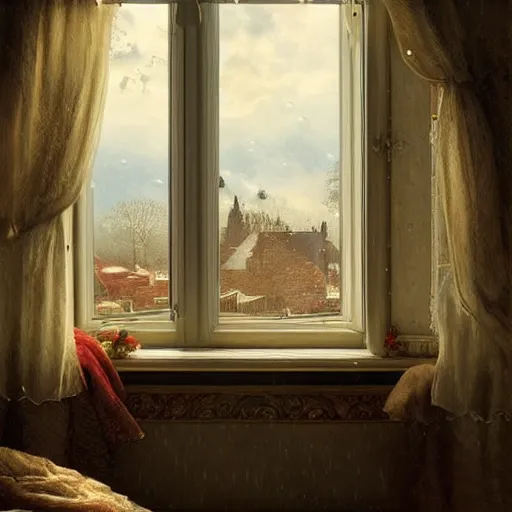 Prompt: on a rainy day, someone in home sits in bed, curled up under the covers, looking out the window, cinematic, artstation, extremely detailed, intricate, cinematic lighting, art by eugene de blaas