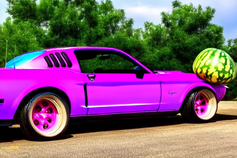 Image similar to purple mustang covered in liquid watermelons