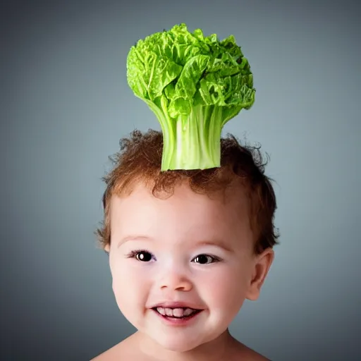 Prompt: A lettuce in the shape of a baby on top of the head of a young man with a short beard, portrait photography