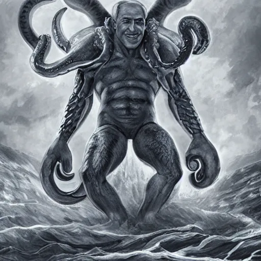 Image similar to benjamin netanyahu standing before the kraken ready to fight, highly detailed, by artgerm