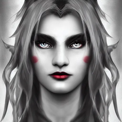 Image similar to Digital portrait of a beautiful half-elf half-vampire young woman. Black and white hair. Red irises, vertical pupils. Award-winning digital art, trending on ArtStation