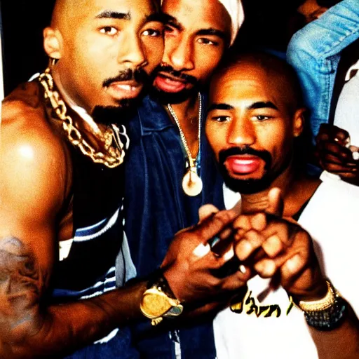 Image similar to 2 pac parting in 1 9 9 2 photo. small house party.