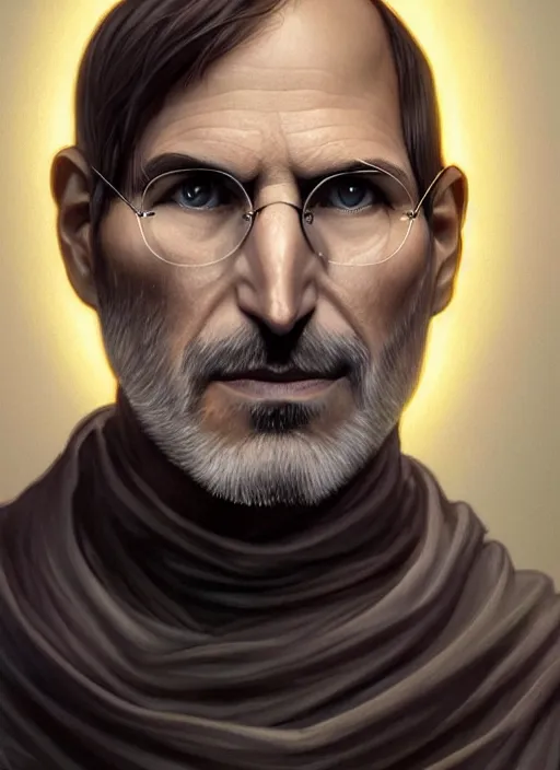 Image similar to Portrait of Steve Jobs, white glowing eyes, cloak, face enhance, male, fantasy, extremely detailed, digital painting, artstation, concept art, smooth, sharp focus, illustration, stunning lighting, art by artgerm and alphonse mucha and simon stalenhag, realistic character concept, high fantasy, light atmosphere, golden ratio, cinematic lighting, hyperdetailed, high resolution, insanely detailed and intricate, Marc Simonetti, Greg Rutkowski, 8k