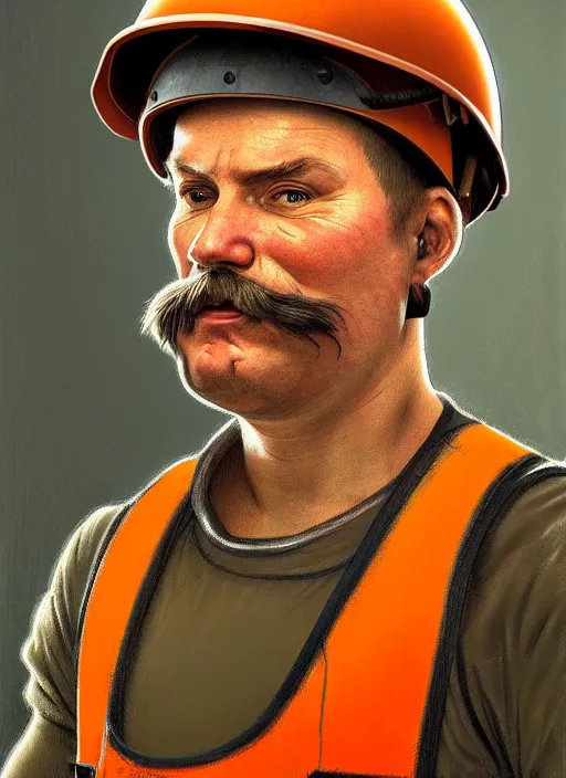 Prompt: a russian railroad electrician!!!, male!!, wearing orange vest!! helmet, straps, siberian forest!!, portrait, dirty, fat, ugly, intricate, elegant, highly detailed, digital painting, artstation, concept art, wallpaper, smooth, sharp focus, illustration, art by artgerm and greg rutkowski and alphonse mucha