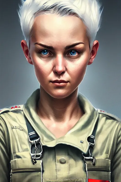 Prompt: portrait of a military engineer woman with short white hair, wearing overalls, medium shot, portrait, concept art, natural lighting, illustration, full color, highly detailed, photorealistic, by greg rutkowski, artstation,