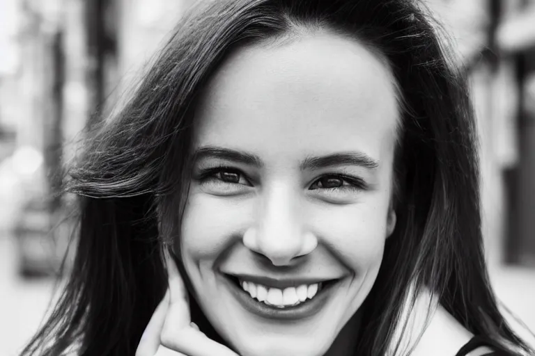 Image similar to still photo of a beautiful british woman smiling at the camera on the street, black and white color aesthetic, highly detailed, photorealistic portrait, bright studio setting, studio lighting, crisp quality and light reflections, unreal engine 5 quality render