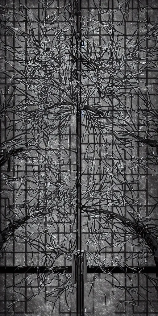 Prompt: a photorealistic render of a japanese gate, with thorns in neotribal style, on a black background, greyscale, made of melted plastic and marble, c 4 d, by zhelong xu ouchh studio and ernst haeckel, wide angle, hyper realistic, plain black background, 8 k, volumetric lightning, octane render