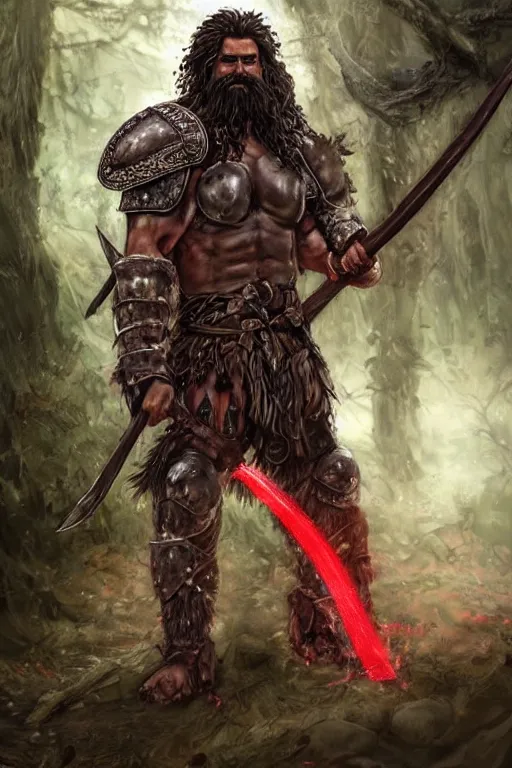 Prompt: Picture of an adult male warrior, muscular, baggy eyes, light bown iris, wielding one big AXE, long curly hair, messy beard, very dark brown skin!, mixed plate and leather armor, red colored, in the forest, ready for combat, high fantasy, by WLOP, Genzoman, Sakimichan and Frank Franzzeta, trending on artstation, artstationHD, artstationHQ, good, octane, cgsociety, HD, extremely detailed, detailed face!, HD 16k