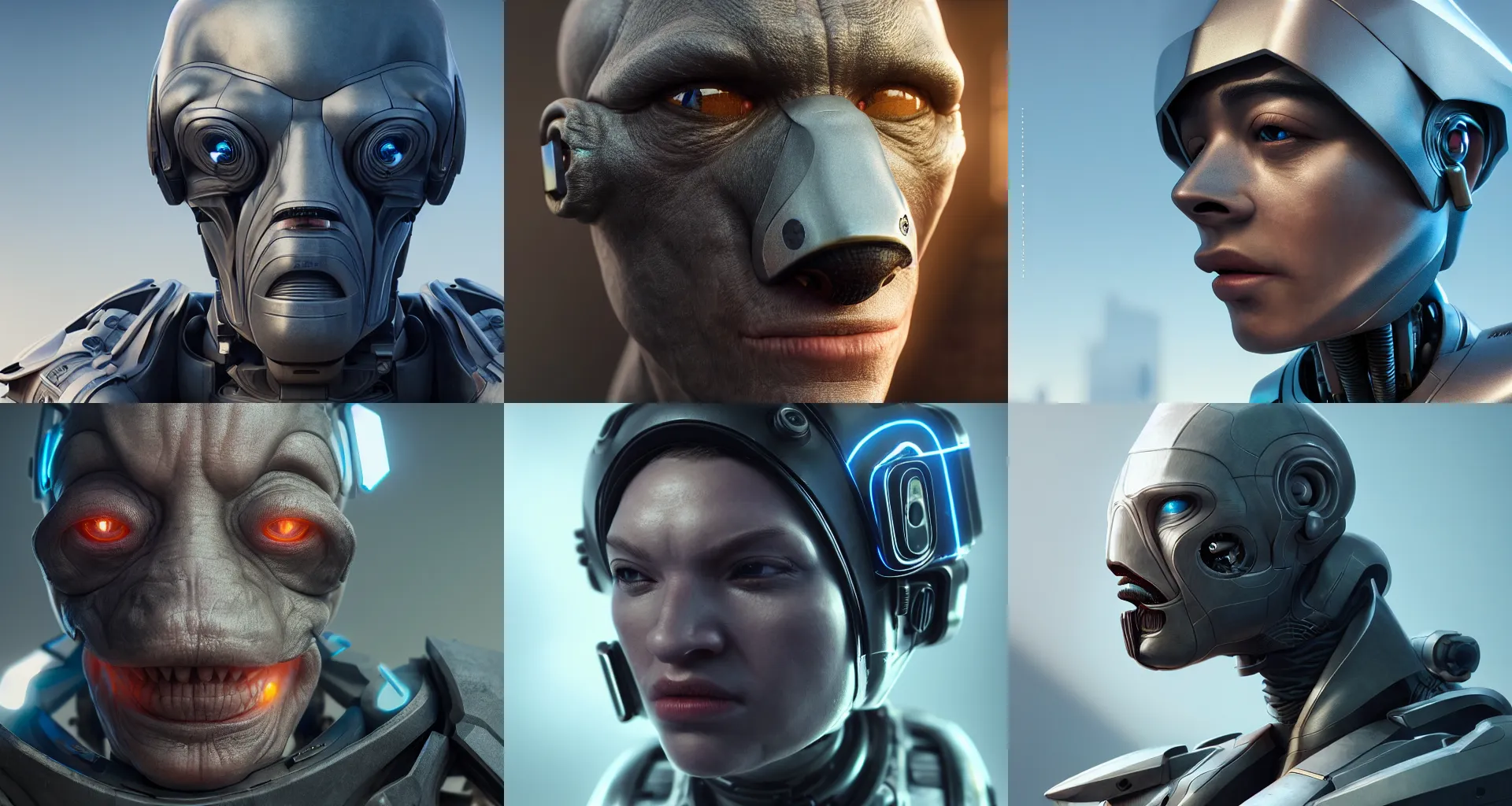 Prompt: incredibly realistic, too detailed face of hammerhead security cyborg, octane render, bump mapping, macro image, global illumination, 8 k, bokeh, enki bilal, yuji himukai, jen zee, peter mohrbacher