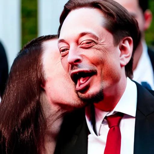 Image similar to snoop dogg french kissing elon musk on the mouth with using a long tongue, in front of paparazzi on the red carpet, 8 k, photo, award winning,