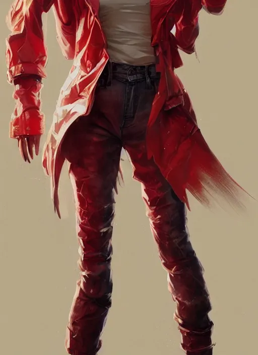 Image similar to full body long shot of Japanese female wearing red futuristic 1980s jacket and torn jean shorts, highly detailed, digital painting, artstation, concept art, sharp focus, illustration, art by greg rutkowski and alphonse mucha