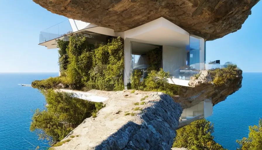 Image similar to modern house perched on a cliff overlooking a magnificient bay, raphael lacoste