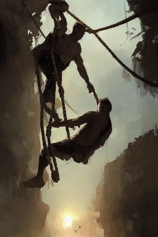 Prompt: “ gilliver ’ s travels ” man tied down by ropes, by greg rutkowski, artgerm, craig mullins, alan lee