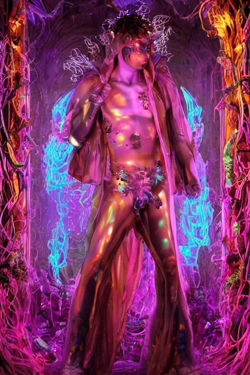 Prompt: photo of full-body rococo and cyberpunk delicate neon crystalline sculpture of ((muscular albino prince Nick Jonas)) as an iridescent humanoid deity wearing a thin see-through ((plastic hooded cloak)) (holding a human skull) in a neon castle dungeon, reclining con (((las piernas abiertas))), glowing pink face, crown of (white lasers), large diamonds, swirling black silk fabric. futuristic elements. oozing glowing liquid, full-length view. space robots. intricate artwork by caravaggio. Trending on artstation, octane render, cinematic lighting from the right, hyper realism, octane render, 8k, depth of field, 3D