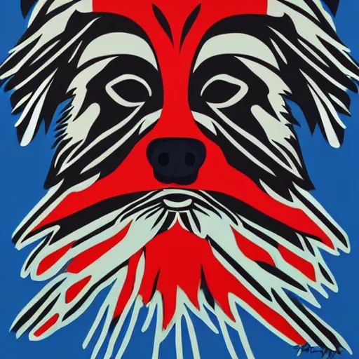 Image similar to tlingit haida lithographic, havanese dog,, simple colors, lithograph print by tristan - wolf reg davidson clifton guthrie maynard johnny jr. trending on society 6