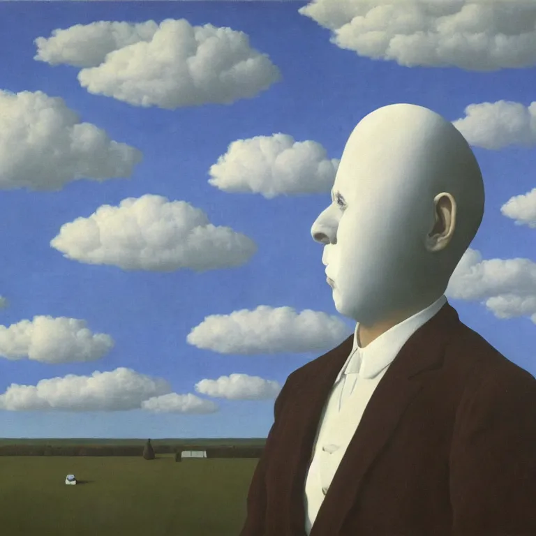 Image similar to portrait of a scary creepy ghost, clouds in the background, by rene magritte, detailed painting, distance, middle centered, hd, hq, high resolution, high detail, 4 k, 8 k